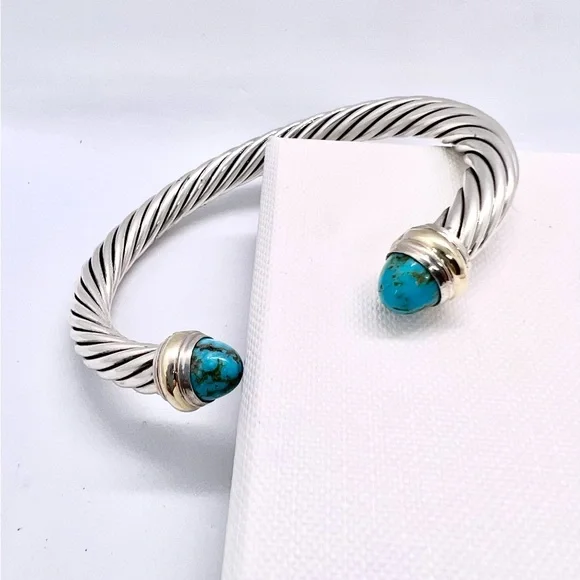 David Yurman Sterling Silver & 14K Gold Turquoise Cable Bracelet - Picture 3 of 14